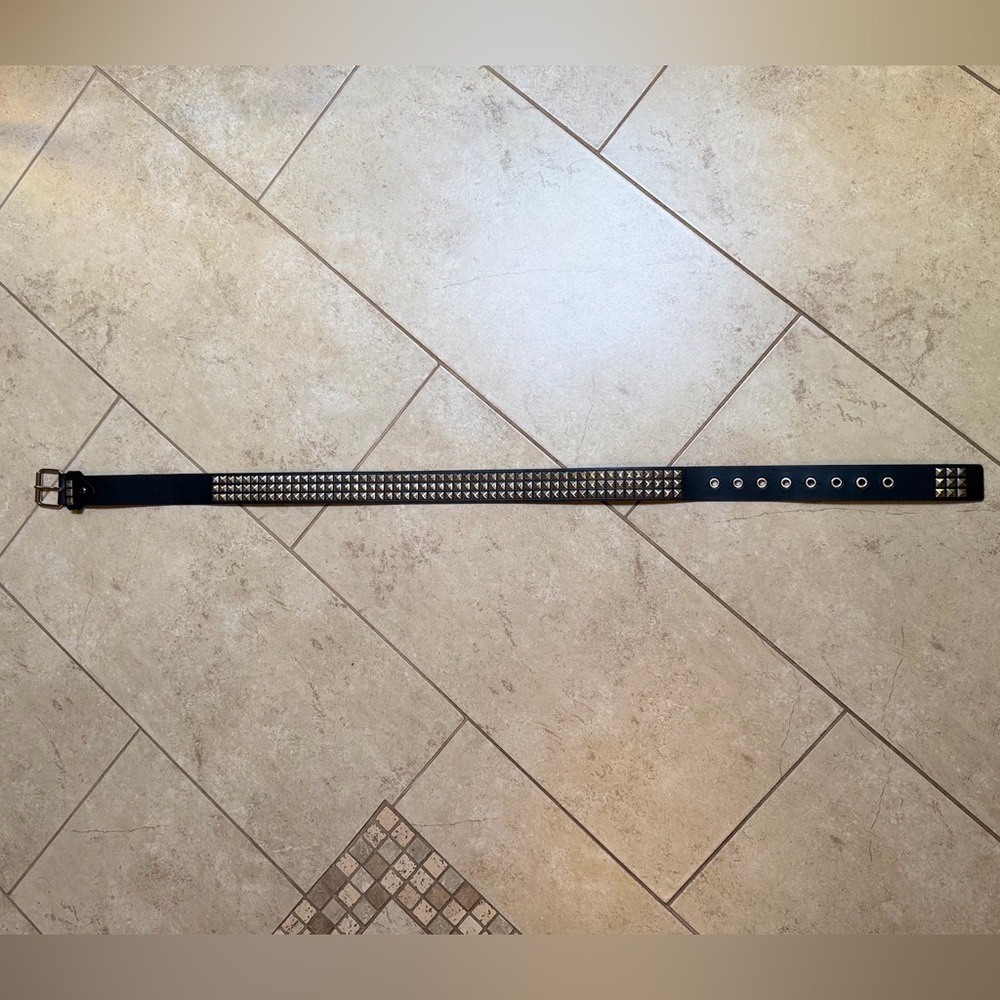 Black Studded Leather Belt with Silver Hardware